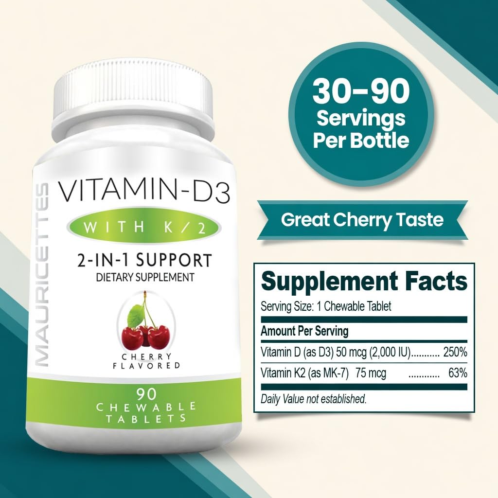 Mauricettes Vitamin D3 + K2 (MK-7) Chewable Tablets, Cherry Flavor, 2,000 IU, 90 Tablets