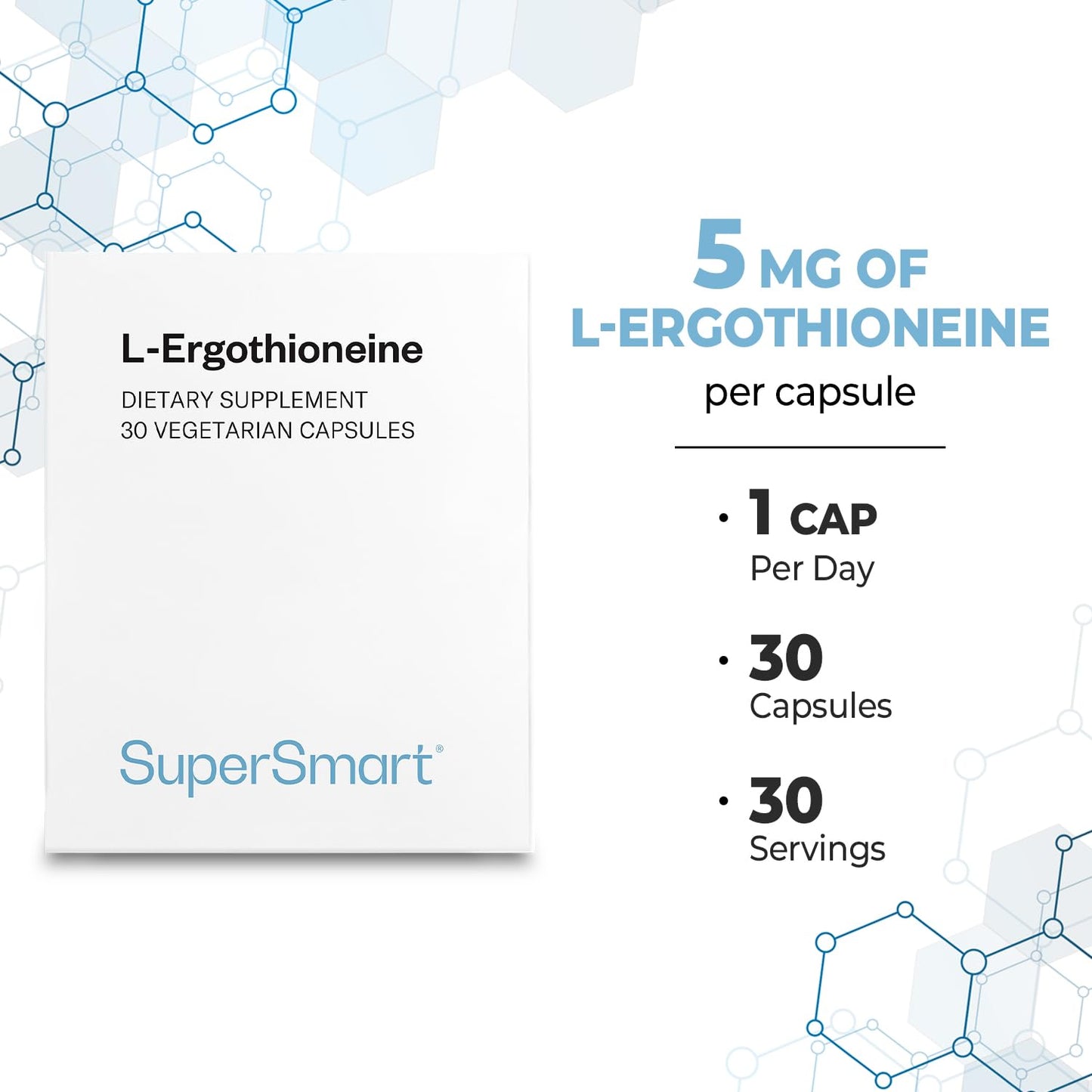 Supersmart L-Ergothioneine Supplement 5mg per Day (Advanced Antioxidant) Capsules, 30 Count