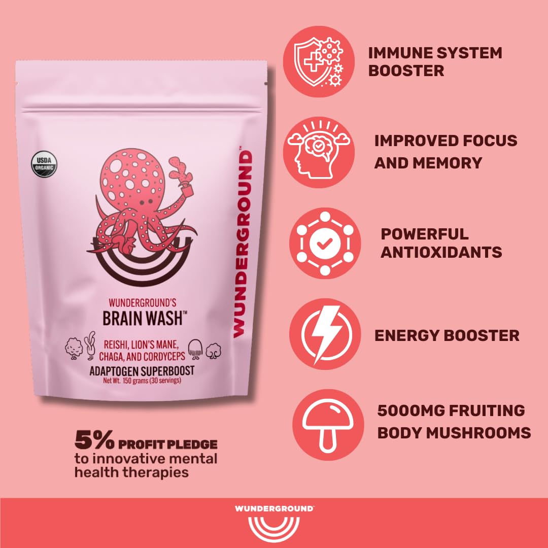 Wunderground Brain Wash Organic Mushroom Superboost Powder for Coffee, Tea, & Water - Cordyceps, Lion's Mane, Chaga, & Reishi Adaptogenic Mushrooms for Focus & Energy - 30-Serving Pouch