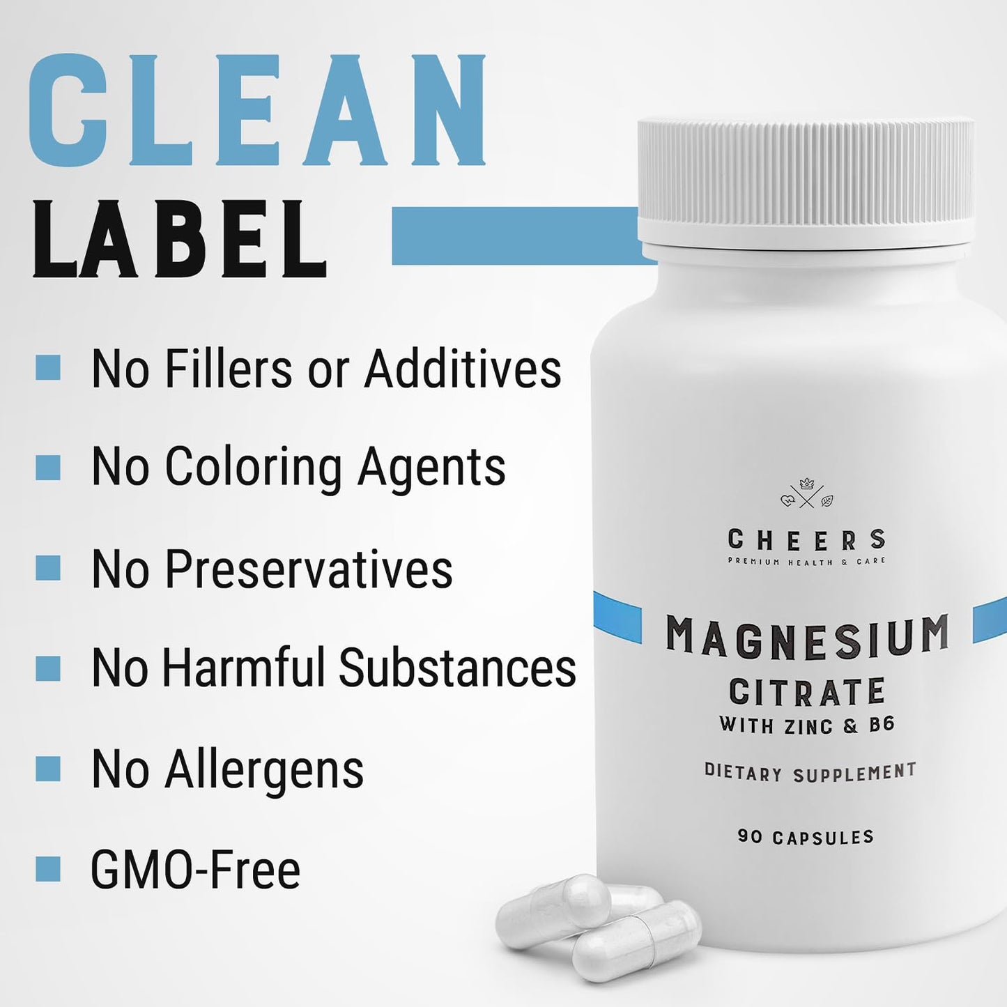 CHEERS Magnesium Citrate Complex with Zinc & B6 320mg High Absorption, Muscle, Nerve & Bone Support, 90 Capsules, Non-GMO, Vegan