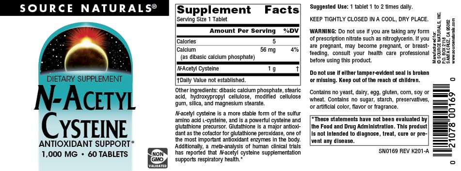 Source Naturals N-Acetyl Cysteine Antioxidant Support 1000 mg Dietary Supplement that Supports Respiratory Health Tablets, 60 Tablets