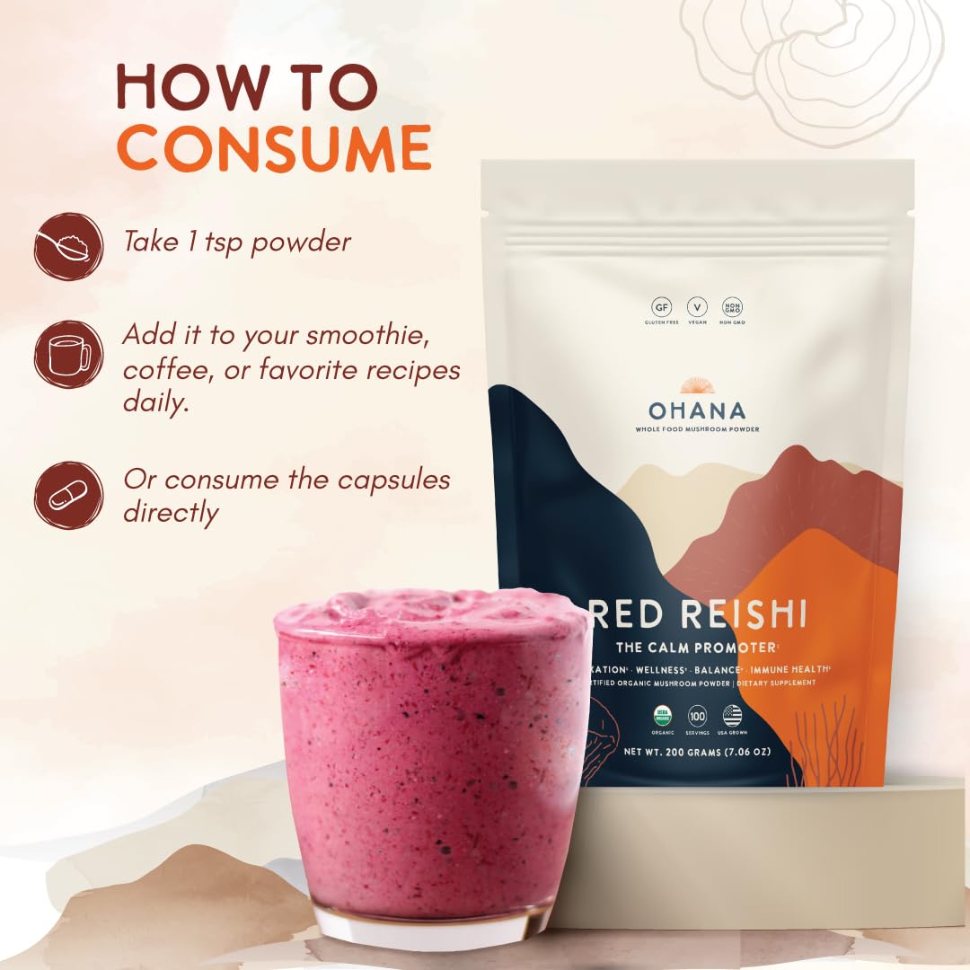 Ohana Mushrooms Red Reishi Organic Mushrooms Powder Blend Whole Food Mushroom Supplement, Powder, 7.05 oz
