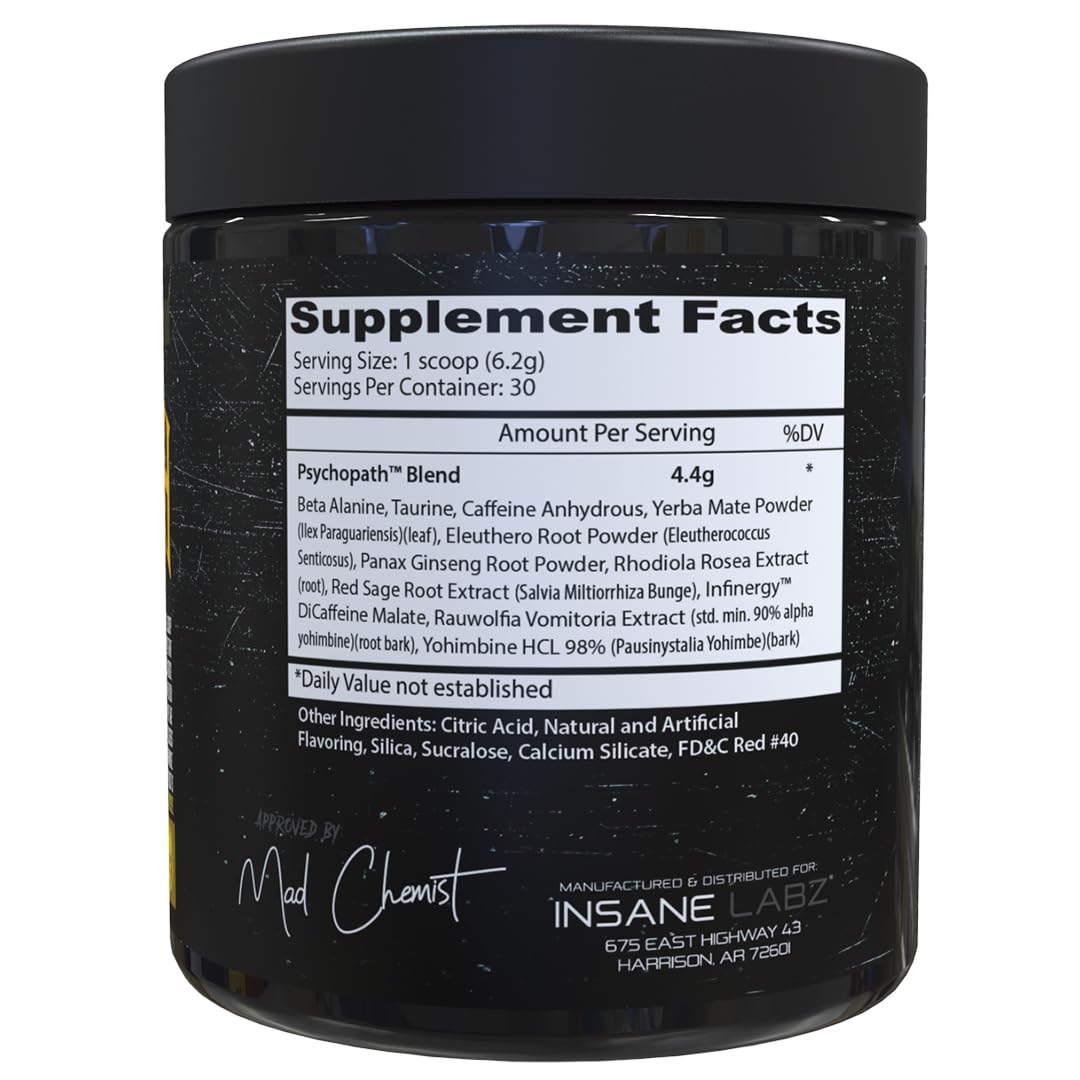 Insane Labz Psychopath, High Stimulant, Insane Energy, Focus and Endurance Preworkout Powder with Panax Ginseng, Rhodiola, Red Sage Root & Rauwolfia, 30 Servings