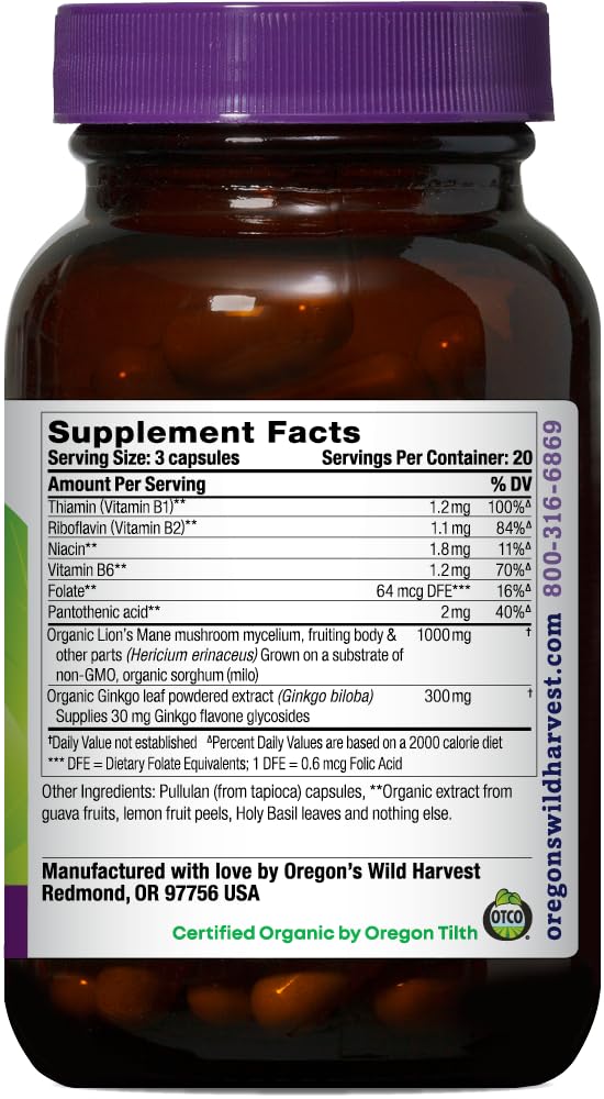 Oregon's Wild Harvest Lion's Mane Plus Brain & Memory Support with Vitamins & Ginkgo Capsule, 60 Count