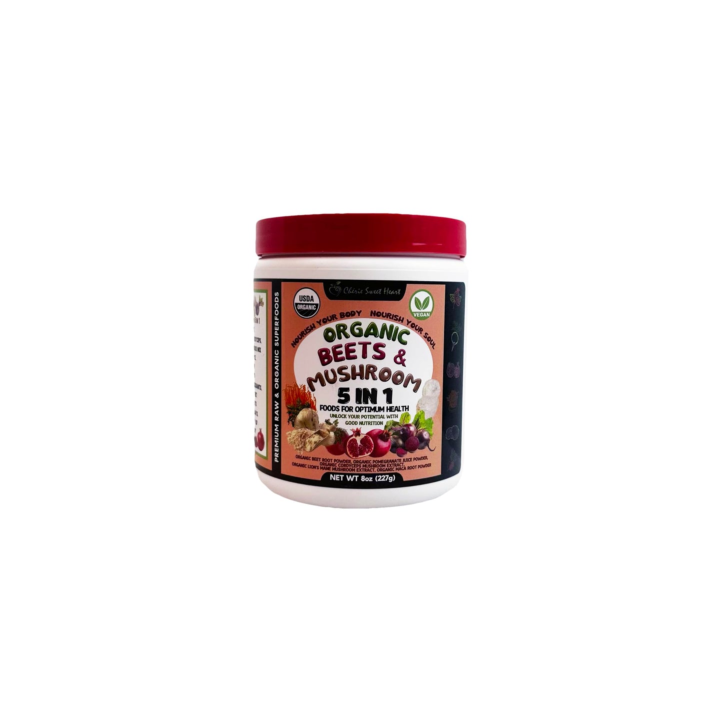 Chérie Sweet Heart Organic Beets & Mushroom 5 in 1 Powder, Beet Root & Mushroom Powder Supplement with Beetroot, Pomegranate, Cordyceps, Lions Mane, Maca, 8 oz