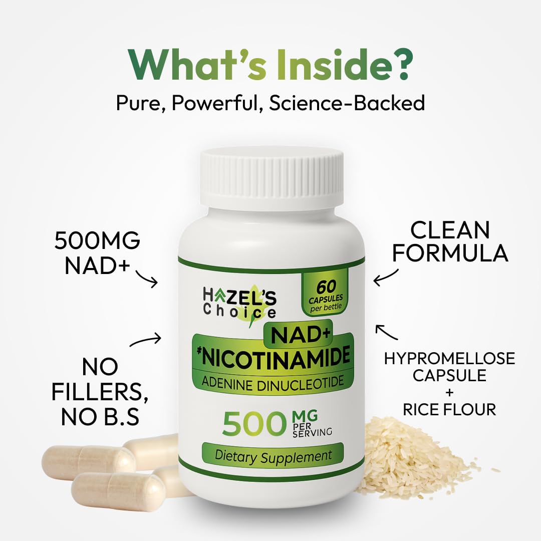 HAZEL'S Choice NAD+ Nicotinamide Adenine Dinucleotide Supplement 500mg, 60 Capsules