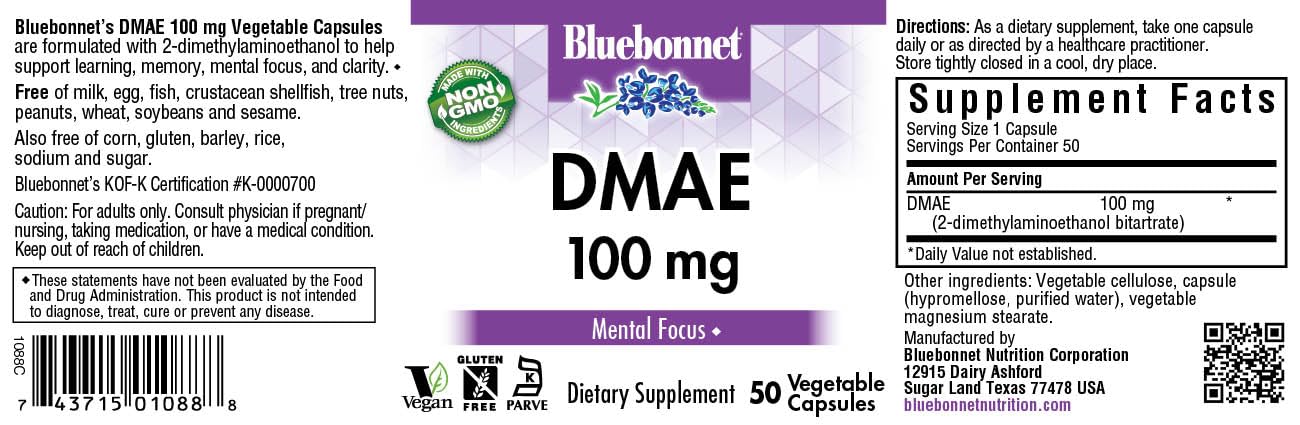 BlueBonnet DMAE 100mg Capsule, 50 Count