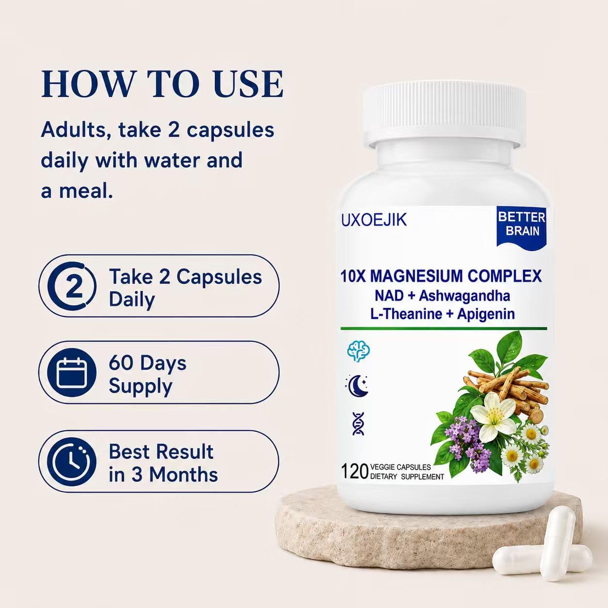 UXOEJIK Magnesium Complex Supplement with Apigenin, NAD+ & L-Theanine for Sleep Support, 10-in-1 Formula, Magnesium Glycinate, Malate, Citrate, Oxide, Aspartate for Memory & Cognitive Support 120 Capsules