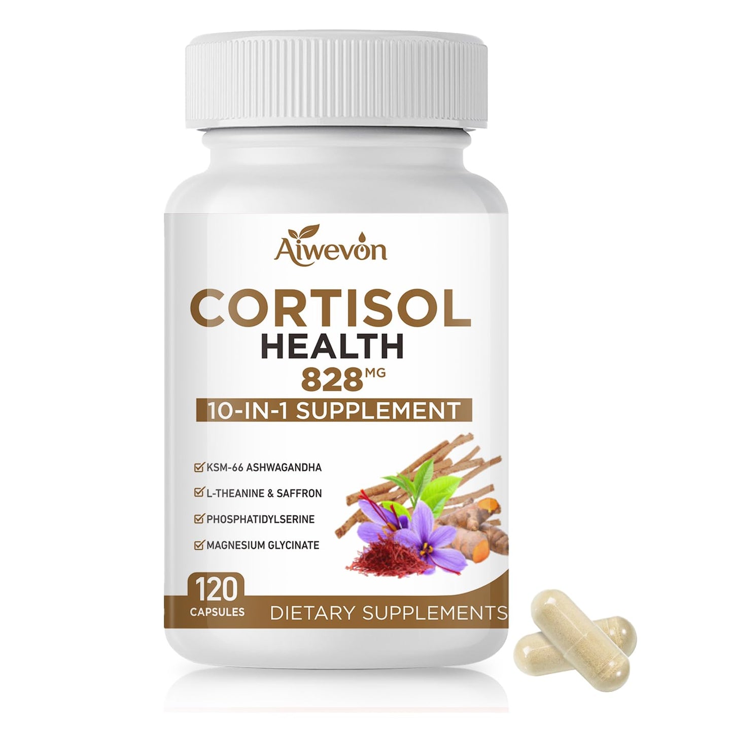 Aiwevon Cortisol Support Supplement for Women & Men, 10-in-1 Ashwagandha KSM-66, L-Theanine, Magnesium Glycinate Complex, Adrenal Support, Stress Relief, Calm Mood Balance, Daily Wellness Gummies, 60 Count