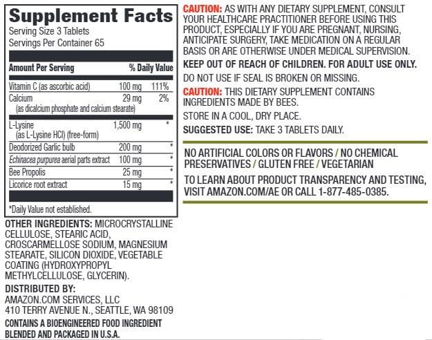 Amazon Elements Lysine Complex with Vitamin C Tablets, 195