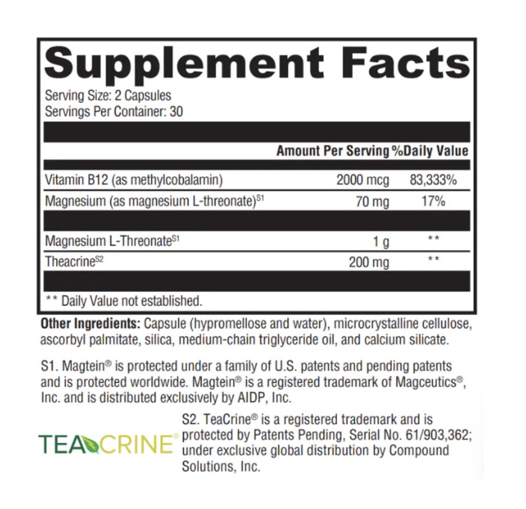 Rooted Intuition Brain Mag Plus Magnesium L-Threonate, Methylcobalamin & Theacrine for Clear Focus, Mental Energy & Motivation, 60 Capsules