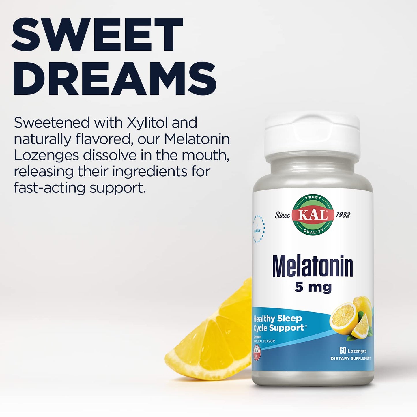 KAL Melatonin 5 mg Supplement for Adults - Sleep Aid & Rest Support, Fast Release Lozenges, Melatonin 5mg & Vitamin B6 10mg for Men & Women, Vegetarian - 60 Lozenges