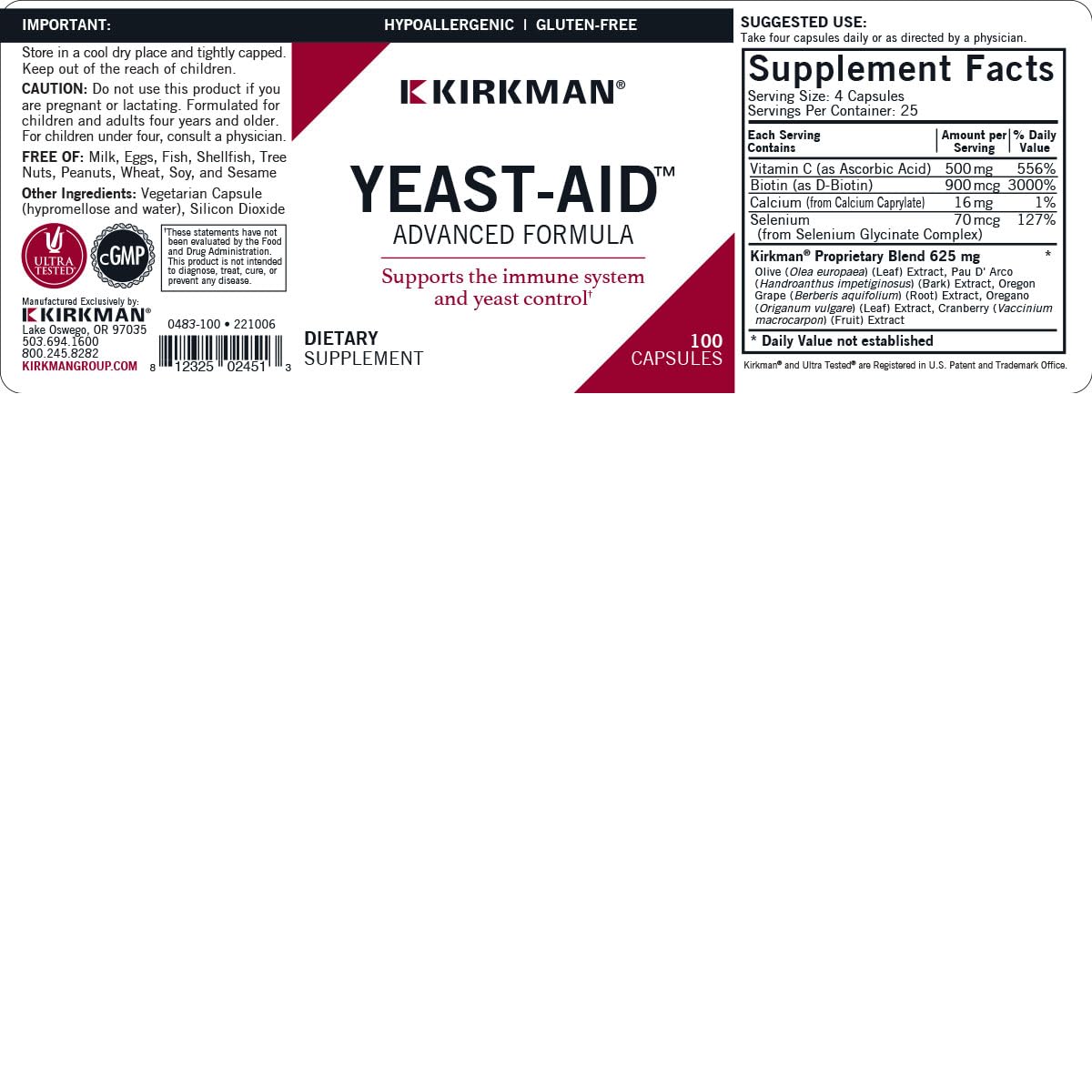 Kirkman Yeast-Aid Advanced Formula - Hypoallergenic Capsules 100