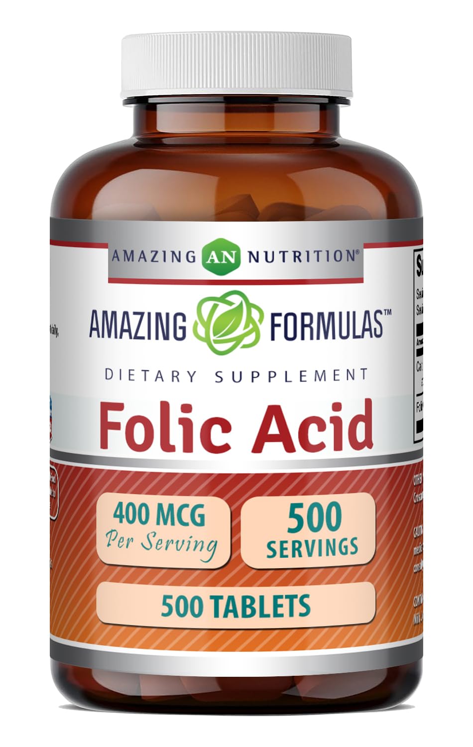 Amazing Nutrition Folic Acid (Vitamin B9) 400 mcg Tablets 500 Count