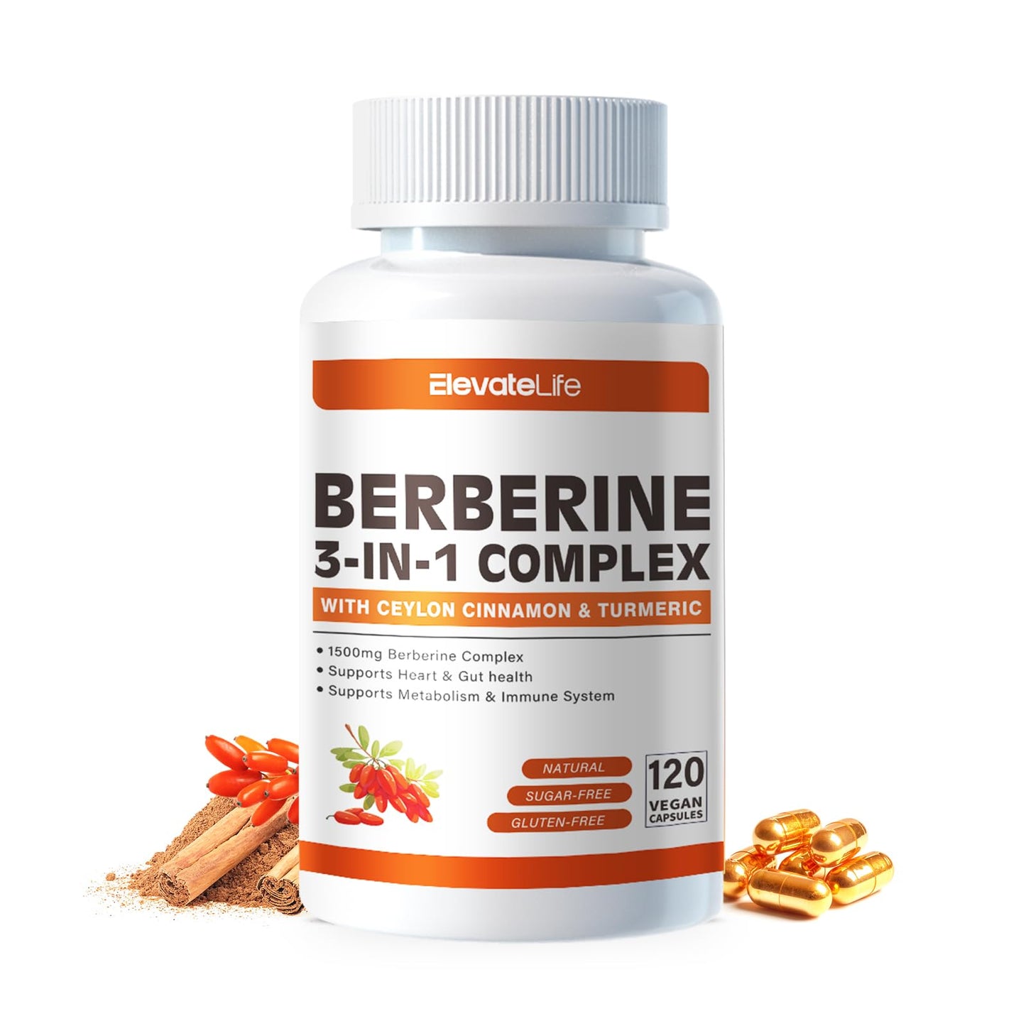 ElevateLife Berberine Supplement with True Ceylon Cinnamon, Berberine 1500mg Per Serving, 120 Capsules
