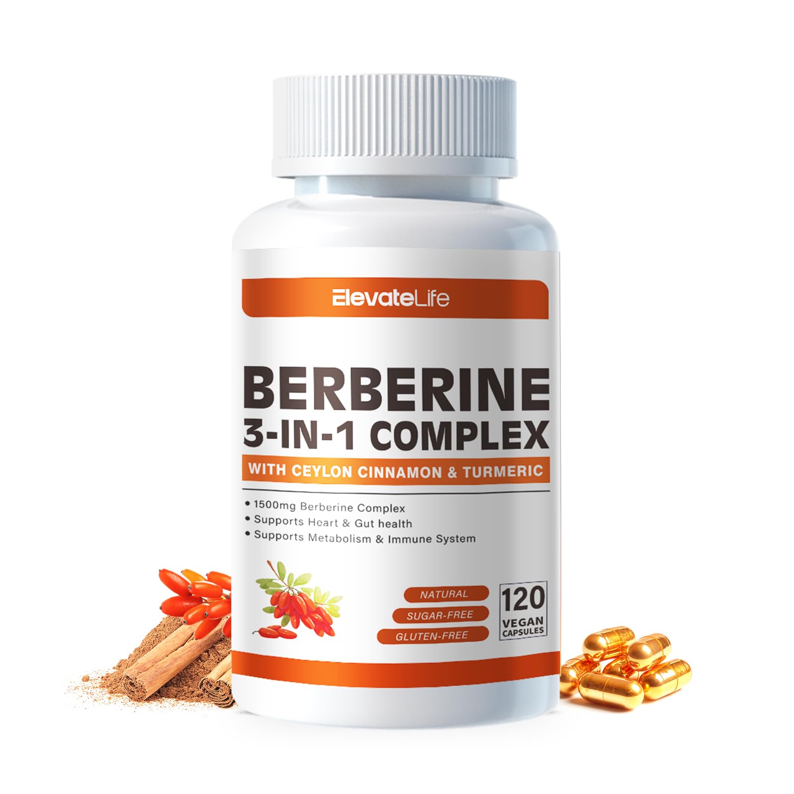 ElevateLife Berberine Supplement with True Ceylon Cinnamon, Berberine 1500mg Per Serving, 120 Capsules