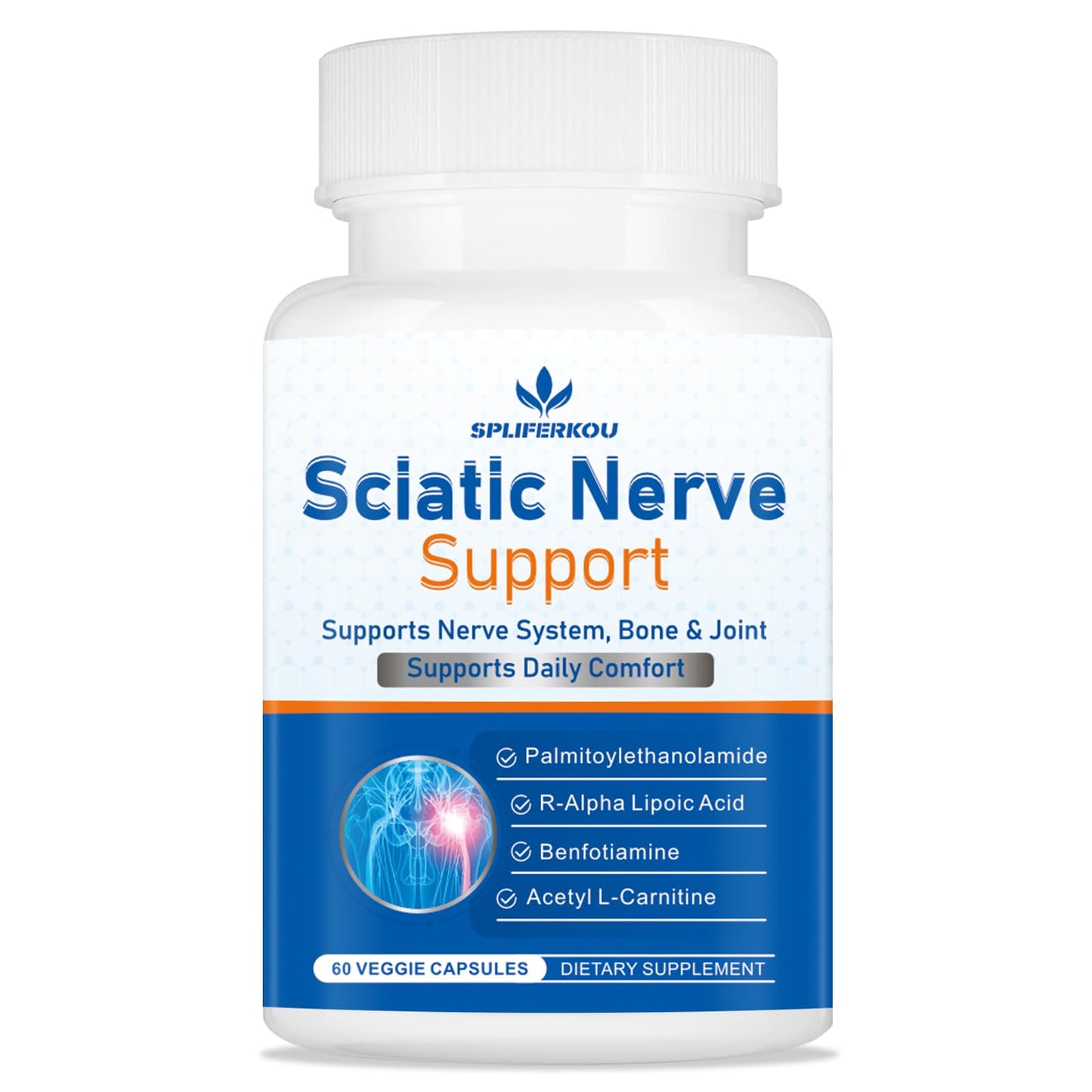 Spliferkou Sciatic Nerve Support Supplement, Advanced Sciatic Nerve Support Formula with Pea, Alpha Lipoic Acid, Benfotiamine Capsules, 60 Count