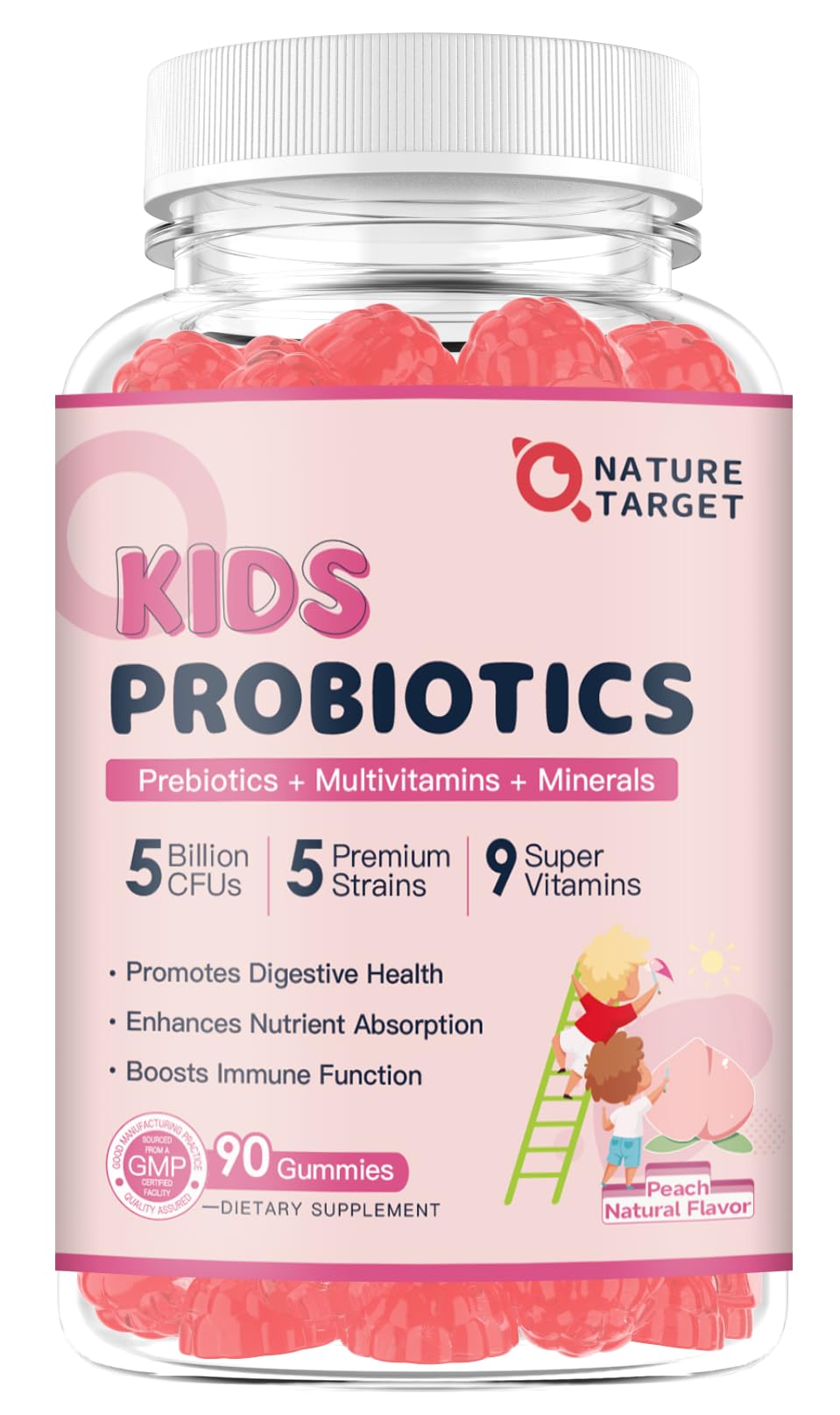 Nature Target Probiotics for Kids, Children's Probiotic-Multivitamin Gummies with 5 Billion CFUs for Digestive Health & Immune Support, with Vitamins, Prebiotics, Minerals, Natural Peach Flavor, 90 Count