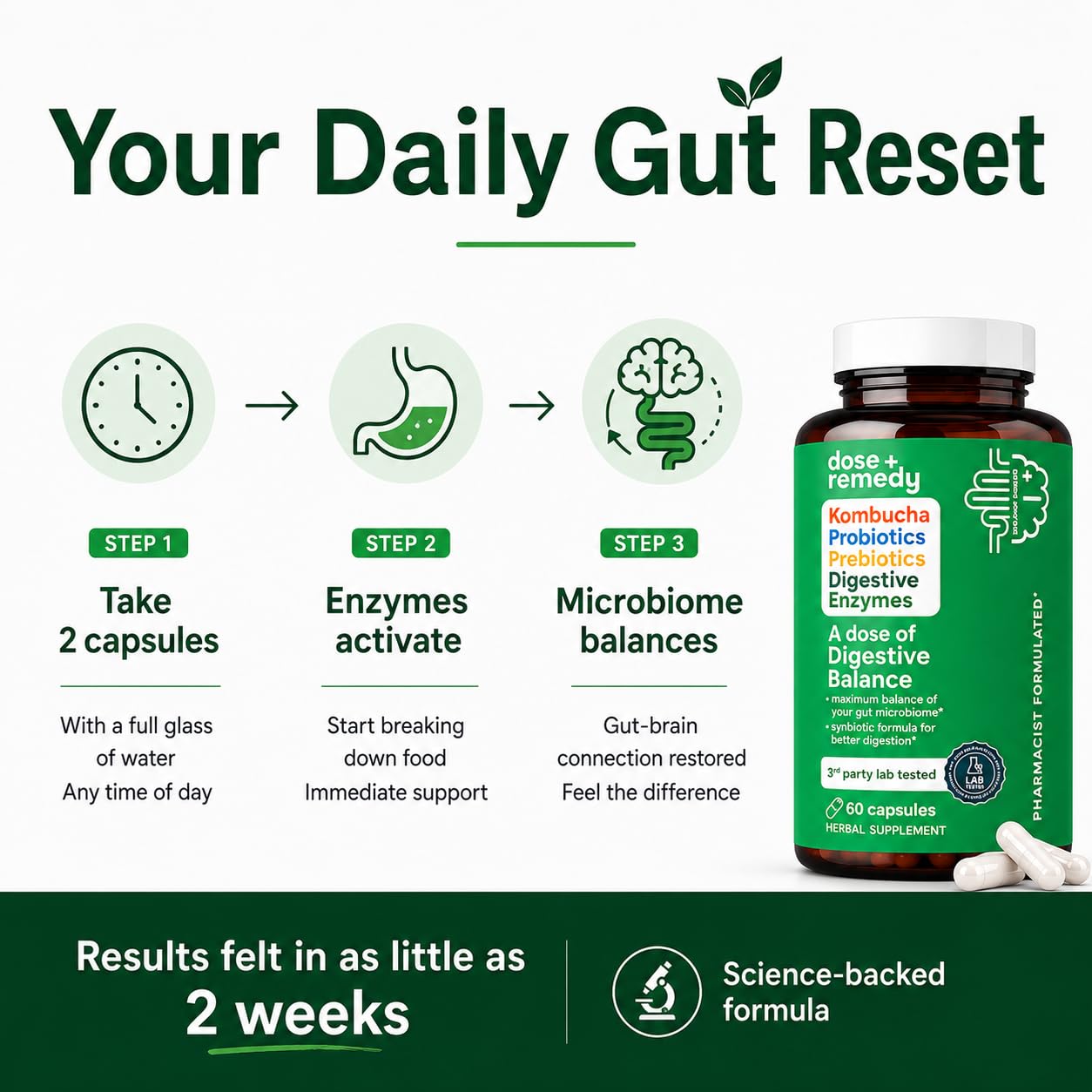dose + remedy Digestive Balance Gut Health Supplement with 7 Probiotic Strains and Prebiotics Capsule 60 Count