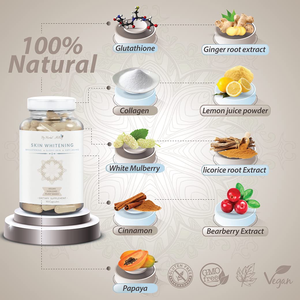 Herbal-avRay Glutathione Skin Whitening Pills with Collagen, Anti-Aging & Antioxidant Effect, 90 Capsules