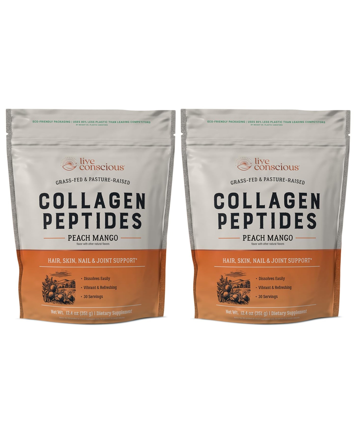 Live Conscious Collagen Peptides Powder Peach Mango Flavored, Type I & III Grass-Fed, Hair, Skin, Nails & Joint Support, 26 oz