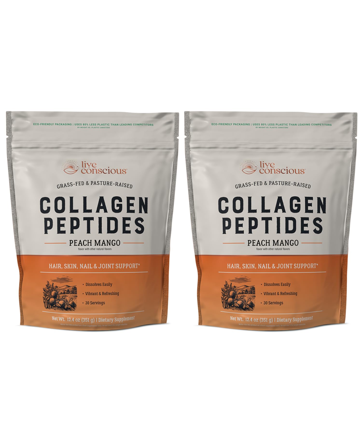 Live Conscious Collagen Peptides Powder Peach Mango Flavored, Type I & III Grass-Fed, Hair, Skin, Nails & Joint Support, 26 oz
