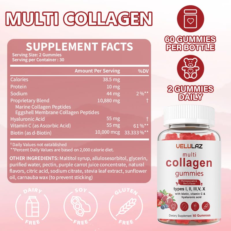 velulaz Multi Collagen Gummies - Types I, II, III, V, X-Skin Care, Premium Formula, Protein Supplement for Both Men and Women Powder 10.59 Ounce