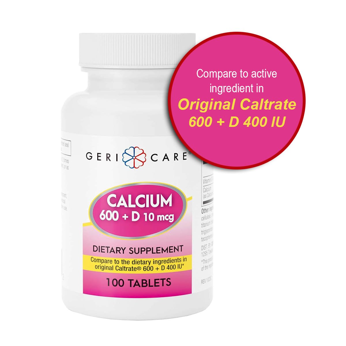 GeriCare Calcium 600mg with Vitamin D 10mcg (400 IU) Tablets, 100 Count