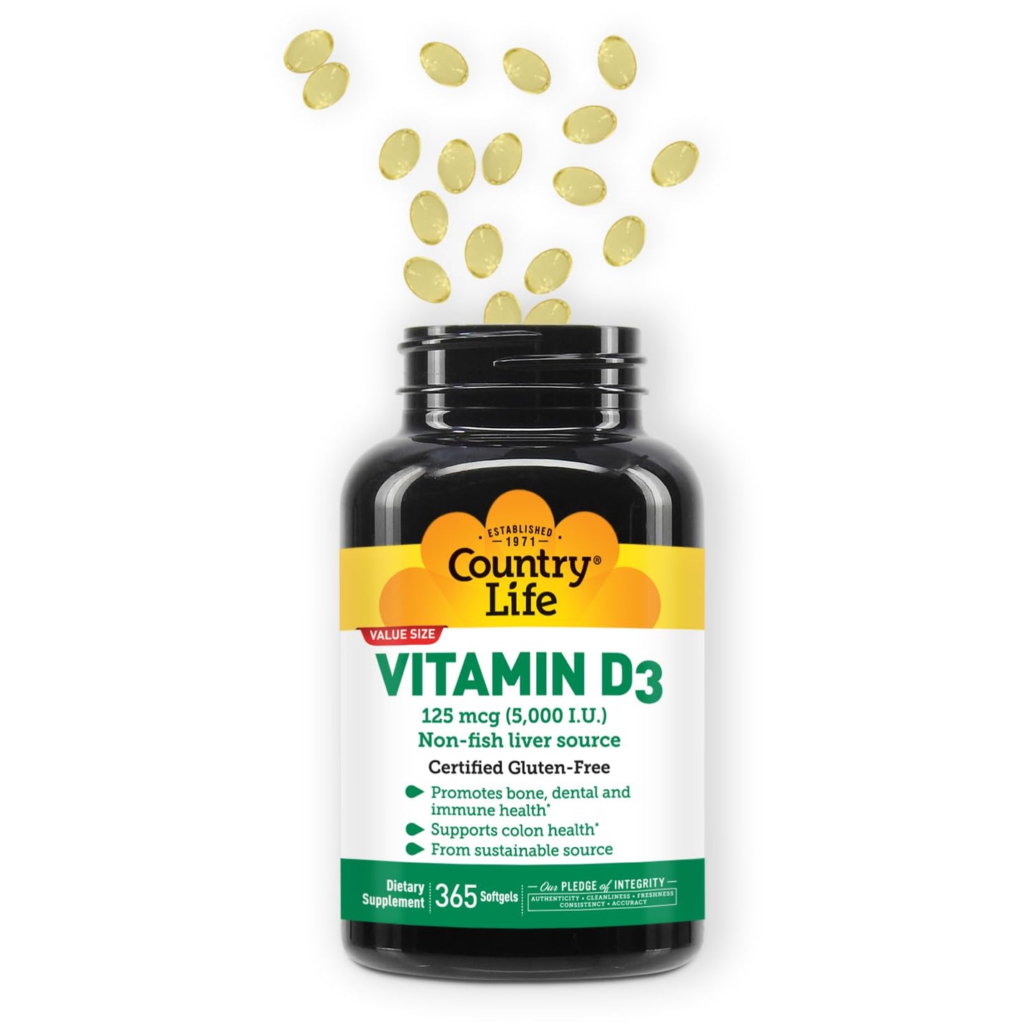Country Life Vitamin D3 5000 IU High Potency, Non-Fish Source, Supports Bone Health, Immune Function & Calcium Absorption Softgels, 365 Count