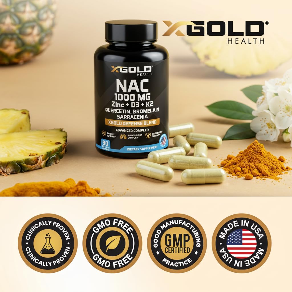X Gold Health NAC 1000 mg with Quercetin 95%, Bromelain, Zinc, Vitamin C, D3 & K2 Immune Support & Antioxidant Supplement Advanced Defense Blend Capsules, 120 Count