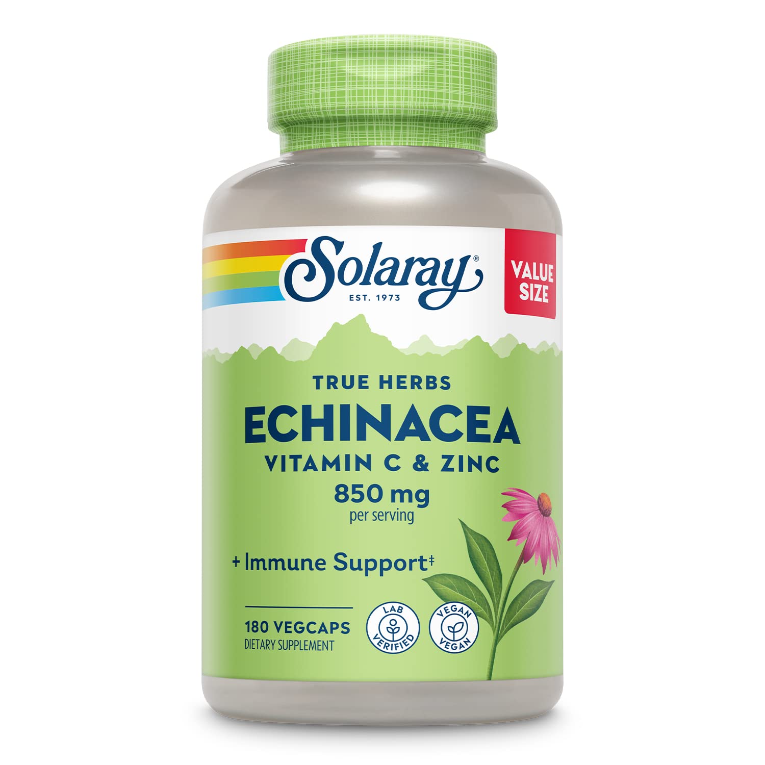 Solaray Echinacea with Vitamin C & Zinc Immune Support Capsule, 180 Capsules