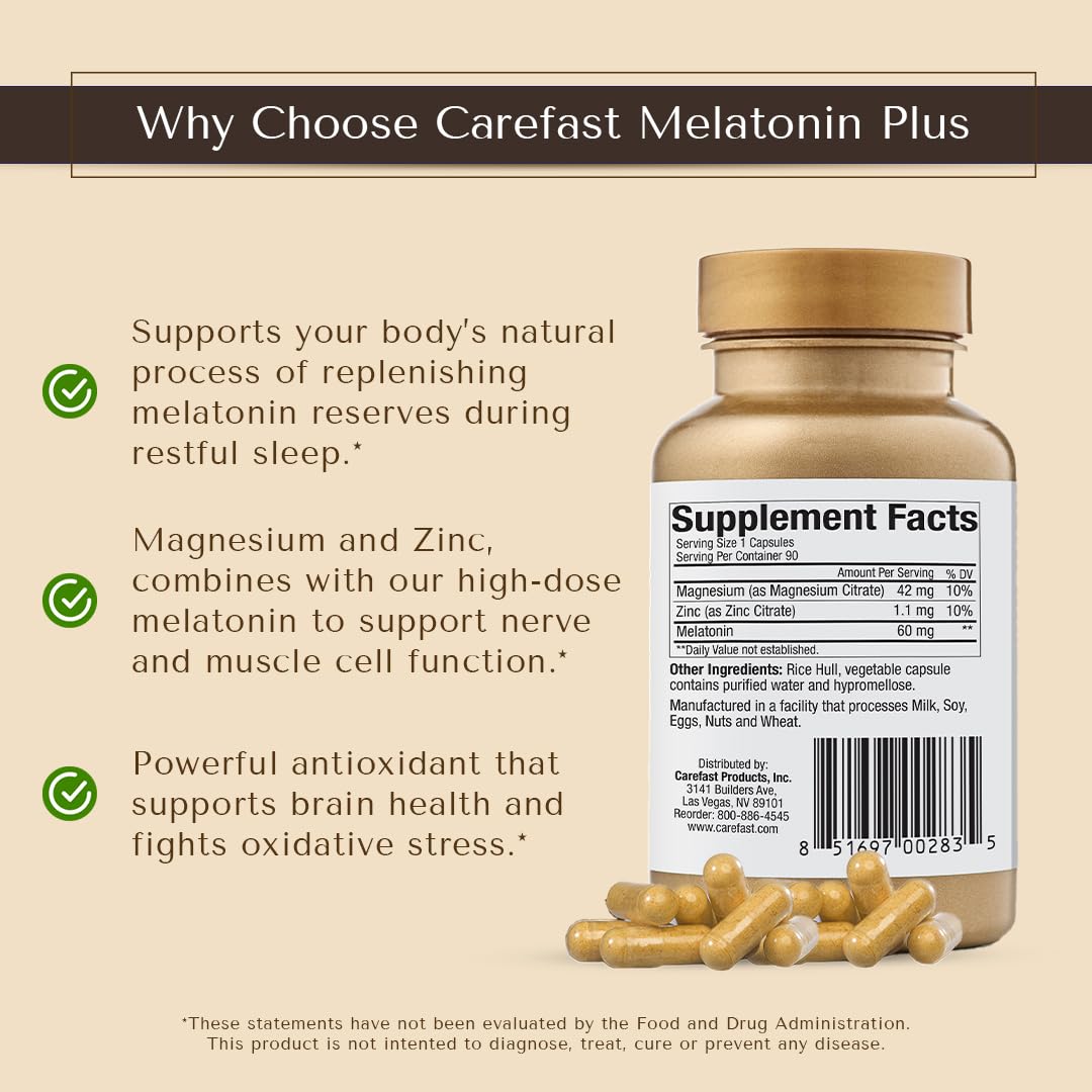 CAREFAST Melatonin Plus Extra Strength High Dose Sleep Supplement 60mg Capsules, 90 Count