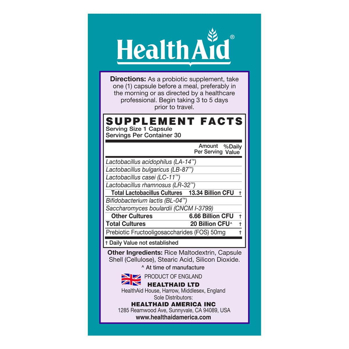 HealthAid TravelProbio 20 Billion CFU Probiotic – Saccharomyces boulardii + Prebiotic (FOS), Acid & Bile-Resistant – Once-Daily Vegan, Gluten-Free, Room-Temp Stable – Travel Digestive Support Capsules, 30