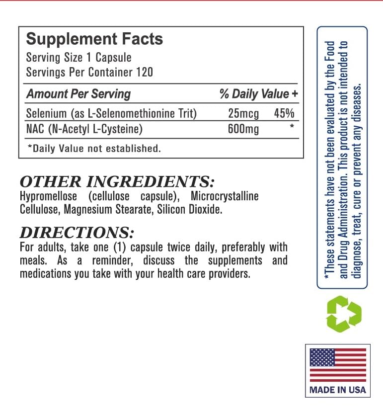 Esmond Natural NAC 600mg with Selenium Vegan N-Acetyl L-Cysteine Capsules, 120 Capsules