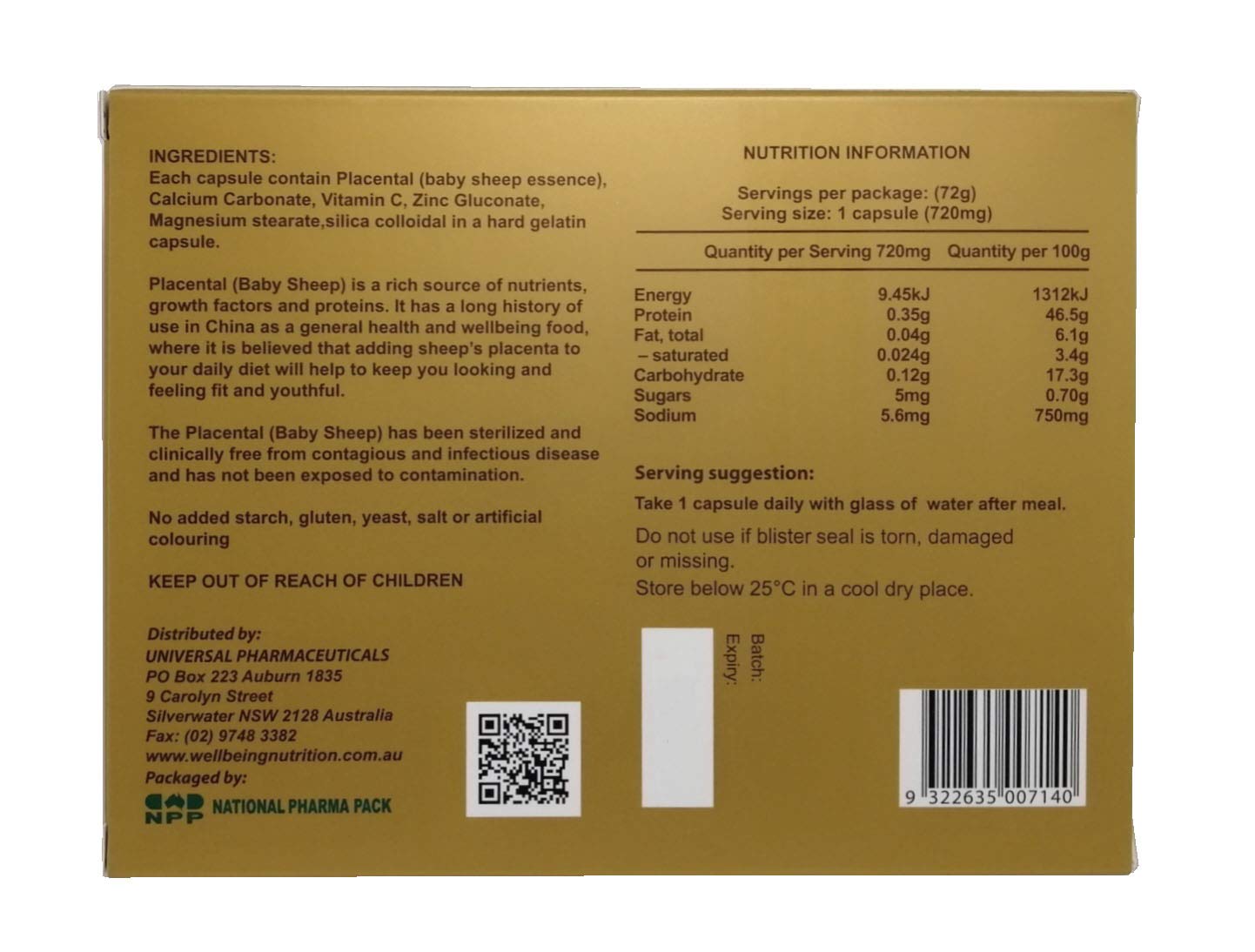 Well Being Nutrition Sheep Placenta Supplement 50000mg Capsules 100