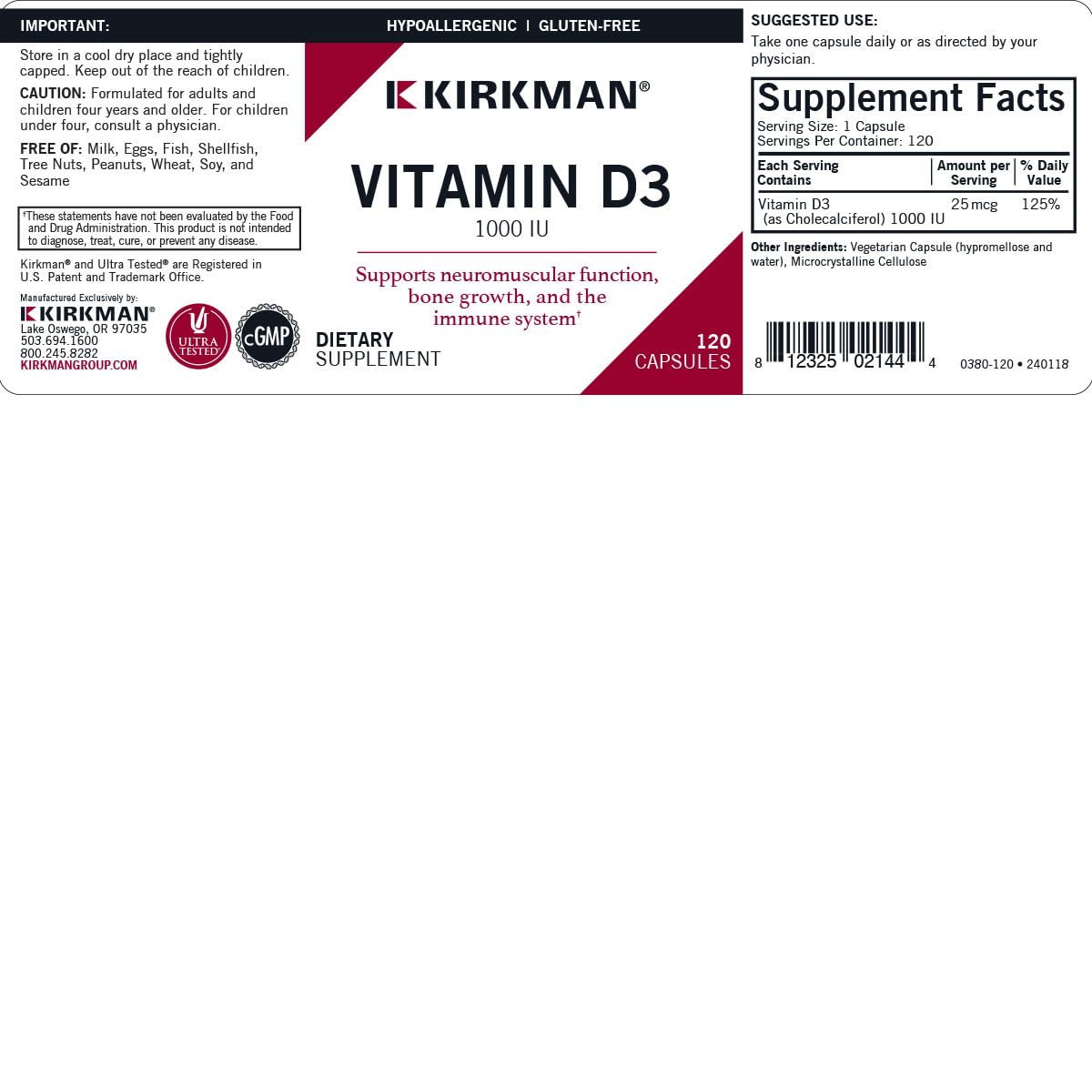 Kirkman Vitamin D-3 1000 IU Hypoallergenic Capsule 120 Capsules