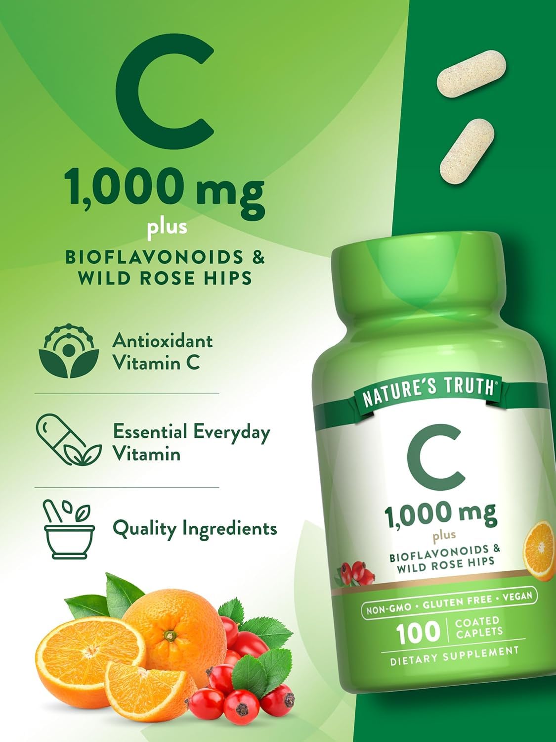 Nature's Truth Vitamin C 1000 mg Plus Bioflavonoids & Wild Rose Hips Caplets, 300 Count
