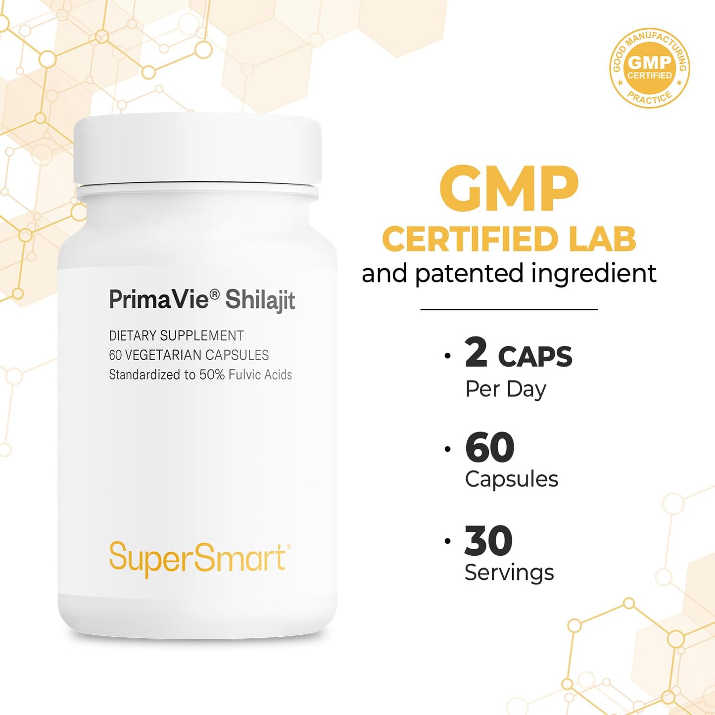 Supersmart Super Shilajit 500mg per Day High Potency PrimaVie Shilajit Supplement Himalayan Purified Organic Shilajit, 60 Capsules