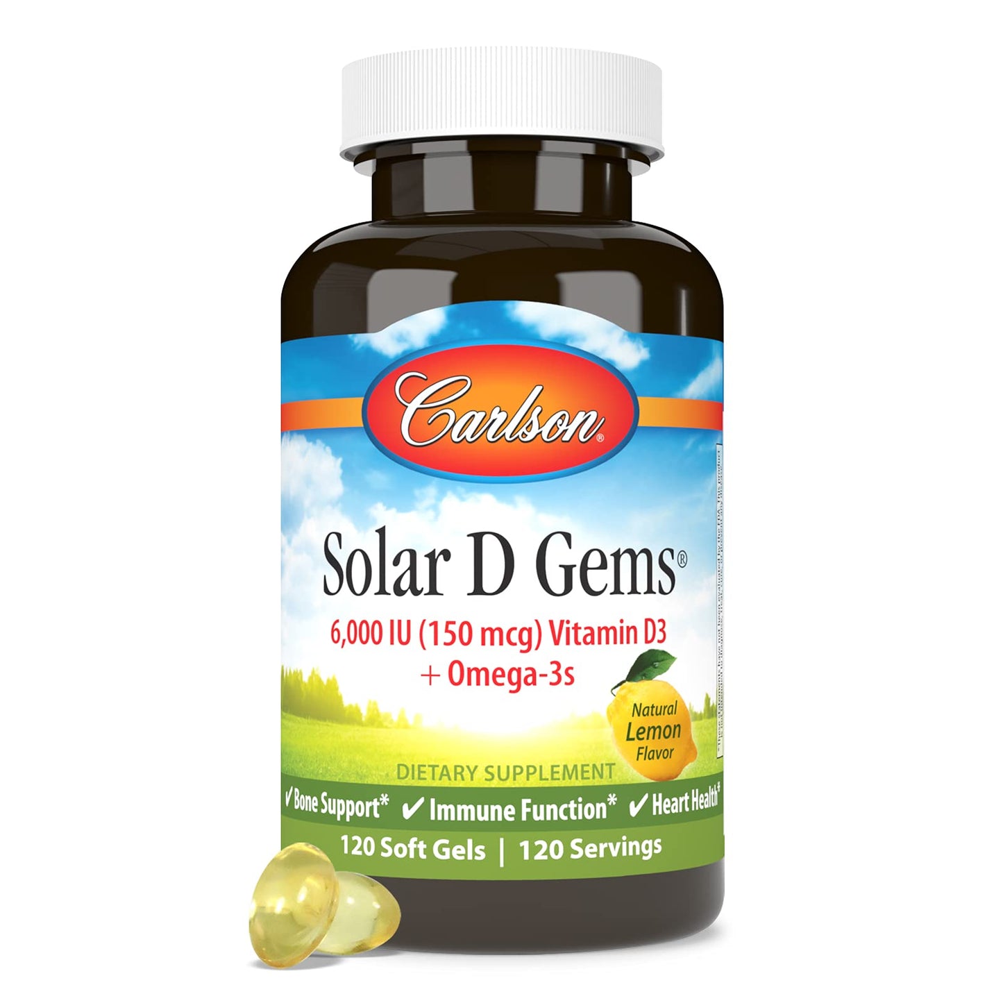 Carlson Solar D Gems Vitamin D3 and Omega-3 Softgels, 120 Count