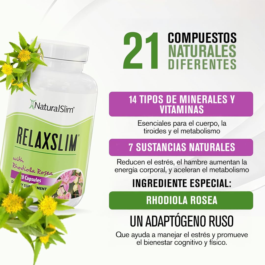 NaturalSlim Relaxslim Rhodiola Rosea & Adaptogenic Herb for Brain, Mood, Metabolism, Tension & Energy Support, 21 Natural Compounds Help Control Appetite, 120 Capsules