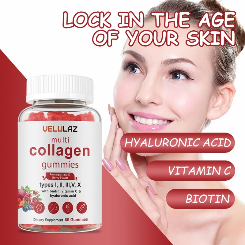 velulaz Multi Collagen Gummies - Types I, II, III, V, X-Skin Care, Premium Formula, Protein Supplement for Both Men and Women Powder 10.59 Ounce