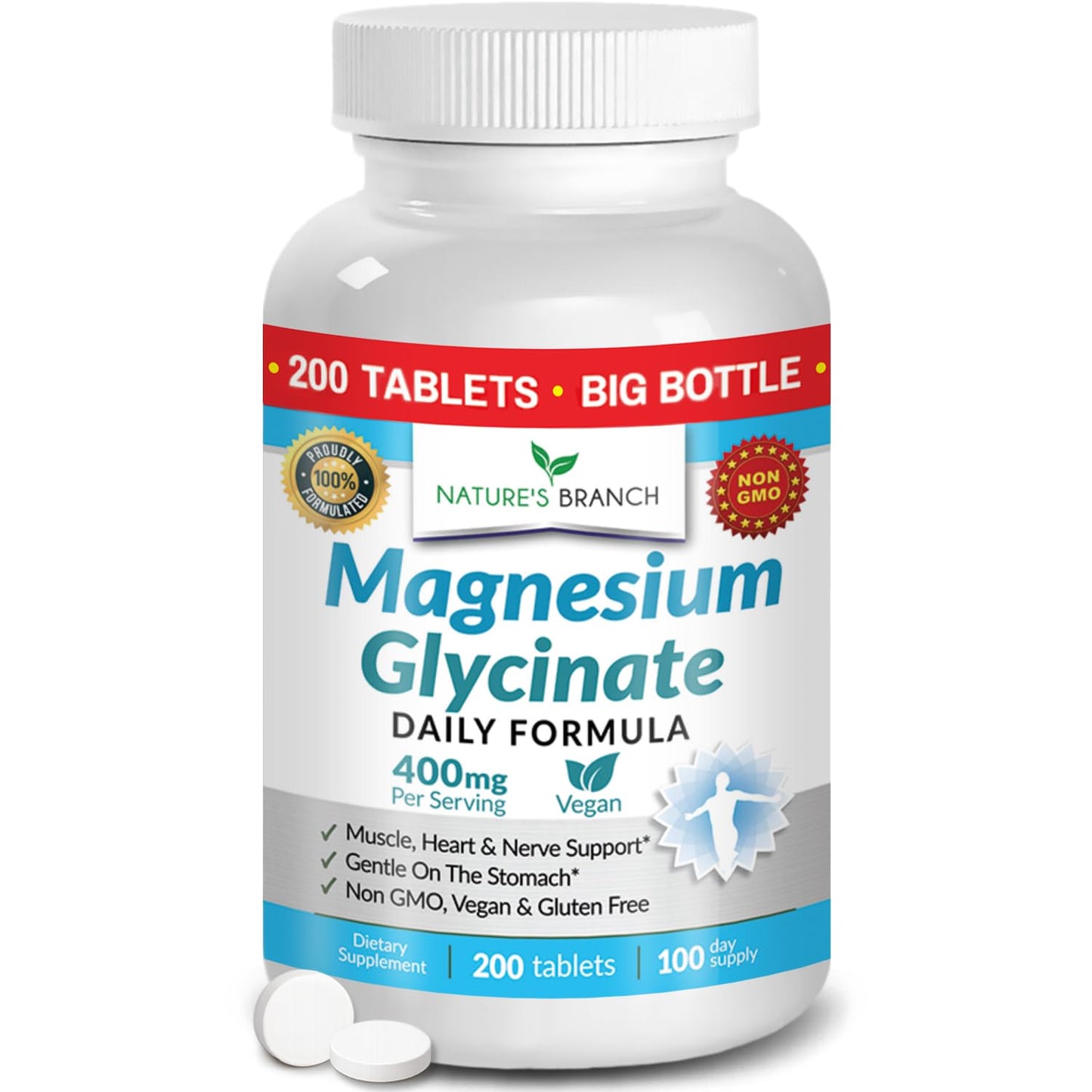 Nature's Branch Magnesium Glycinate 400mg Tablets, 200 Count