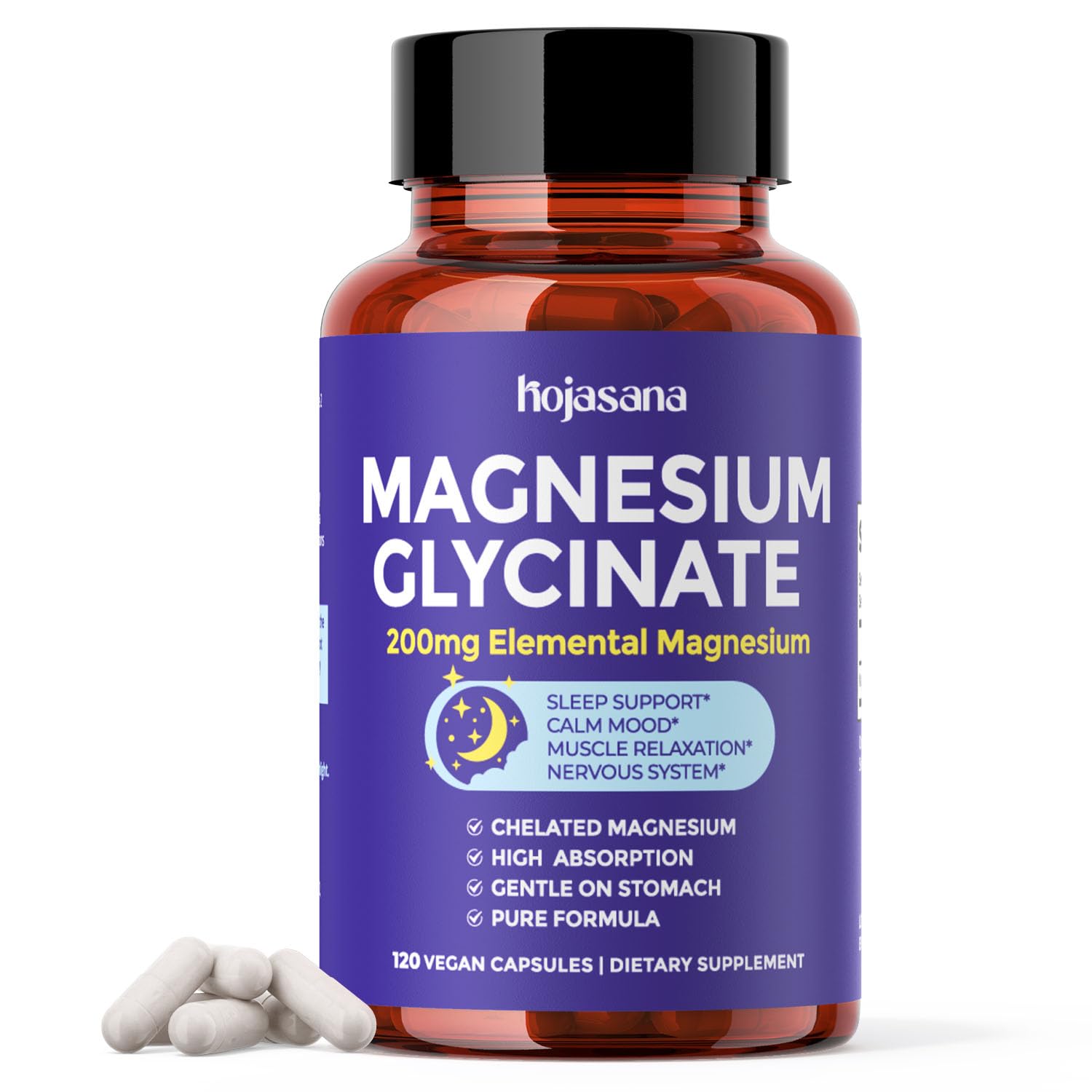 HojaSana Magnesium Glycinate 200mg Chelated High Absorption Capsules, 120 Capsules