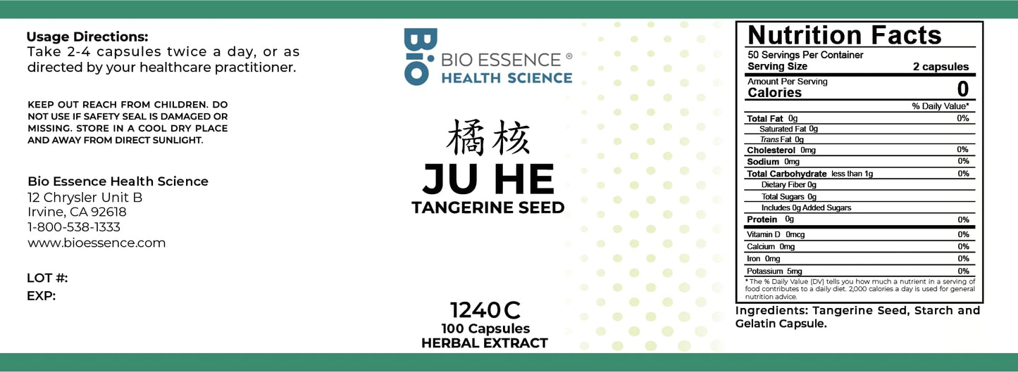 Bio Essence Health Science 1240C Ju He, Tangerine Seed (Raw) 100 Capsules