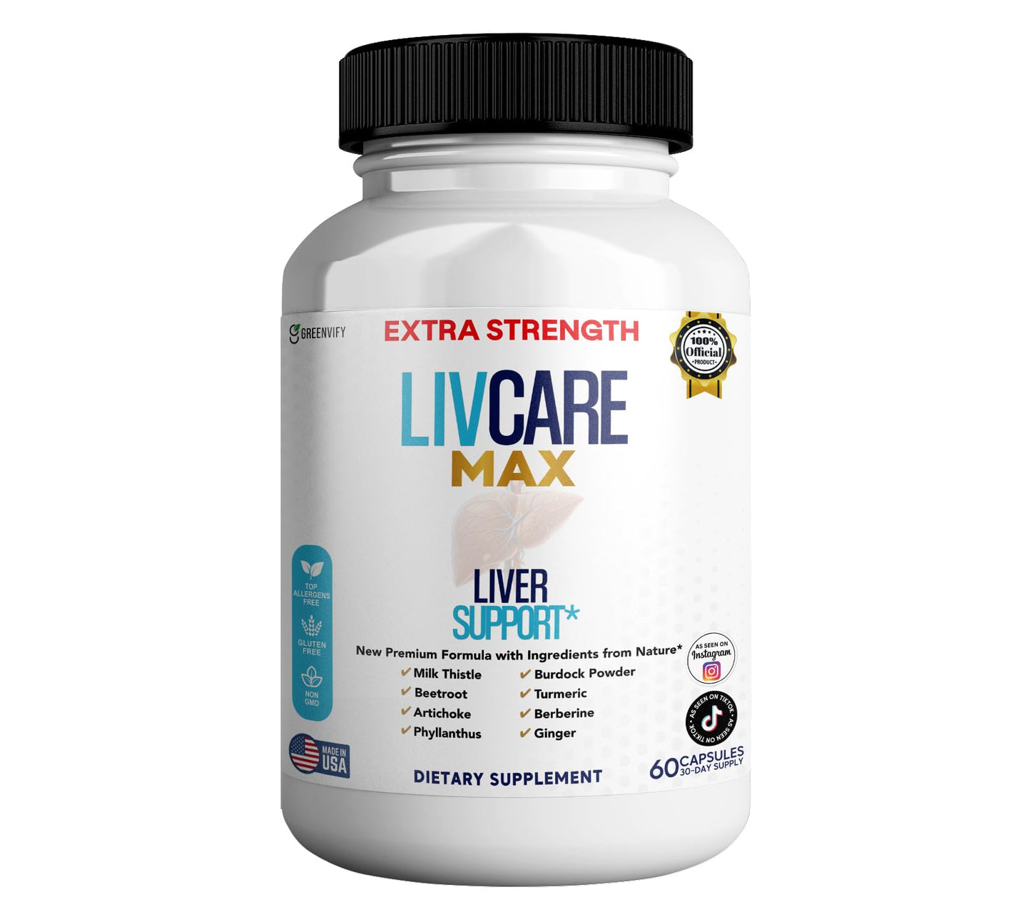 GREENVIFY Livcare Max Liver Support Supplement Extra Strength with Milk Thistle, Beetroot & Artichoke, 60 Veggie Capsules