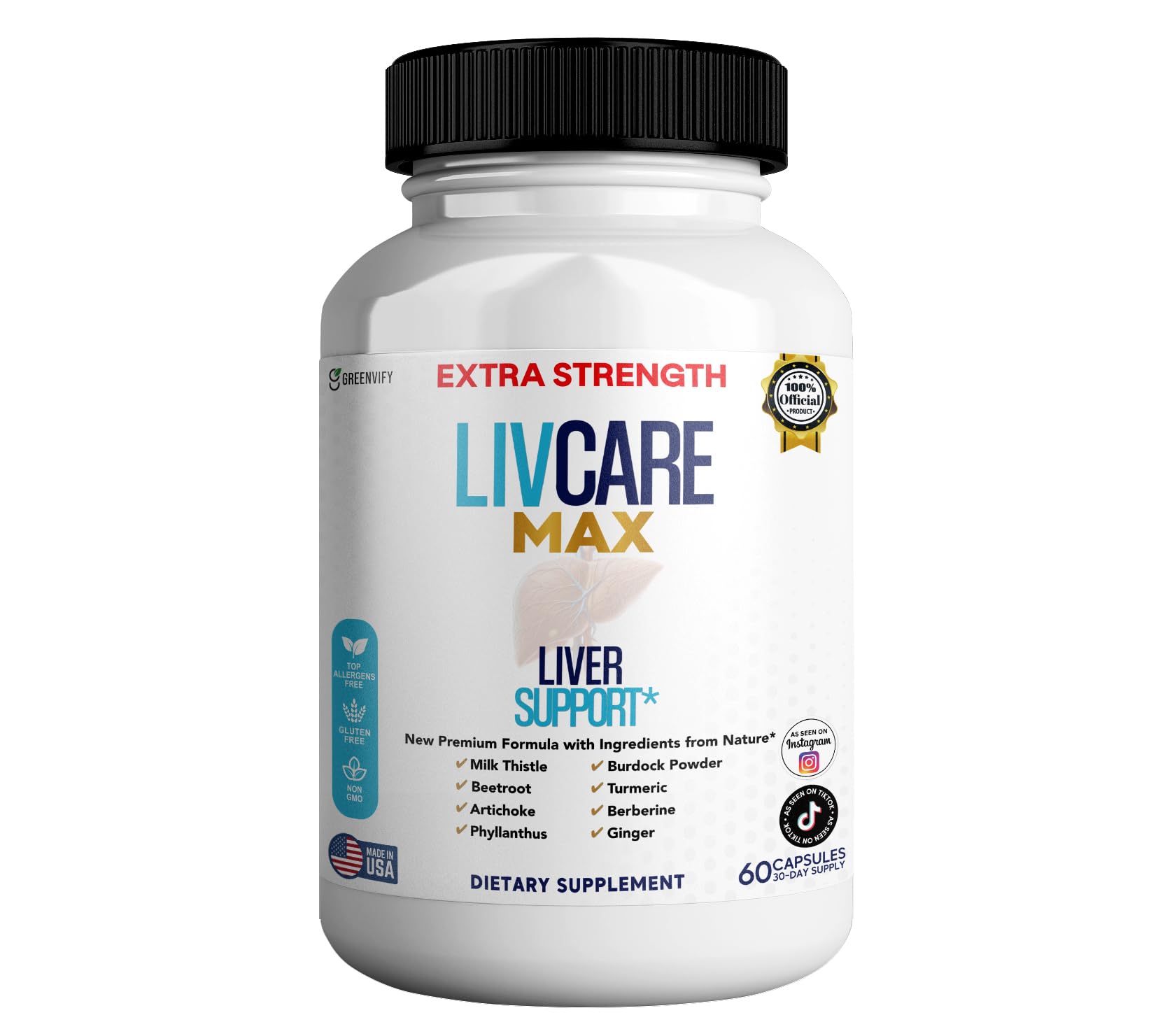 GREENVIFY Livcare Max Liver Support Supplement Extra Strength with Milk Thistle, Beetroot & Artichoke, 60 Veggie Capsules