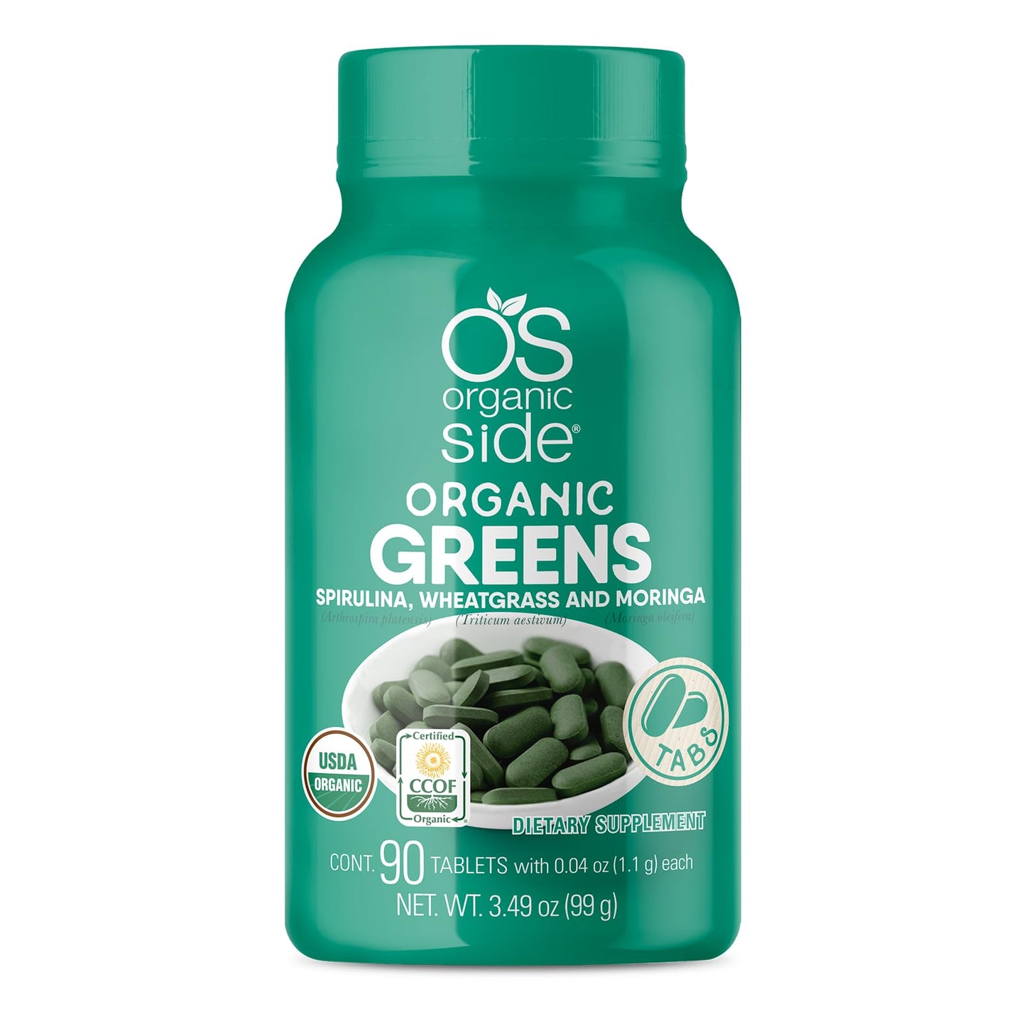 OS Organic Side Organic Greens (Spirulina, Wheatgrass & Moringa) Tablets 3.4 Ounce