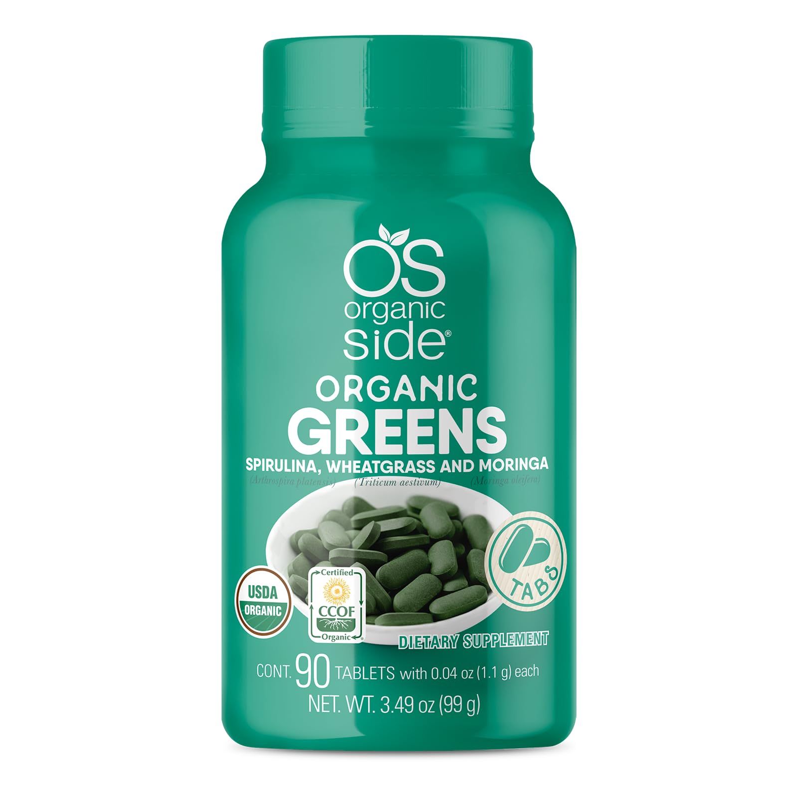 OS Organic Side Organic Greens (Spirulina, Wheatgrass & Moringa) Tablets 3.4 Ounce