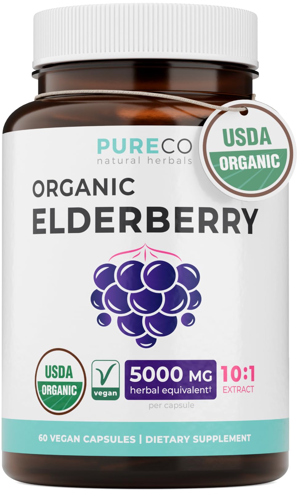 PURE CO Organic Elderberry 10:1 Extract 500mg Capsule, 60 Count
