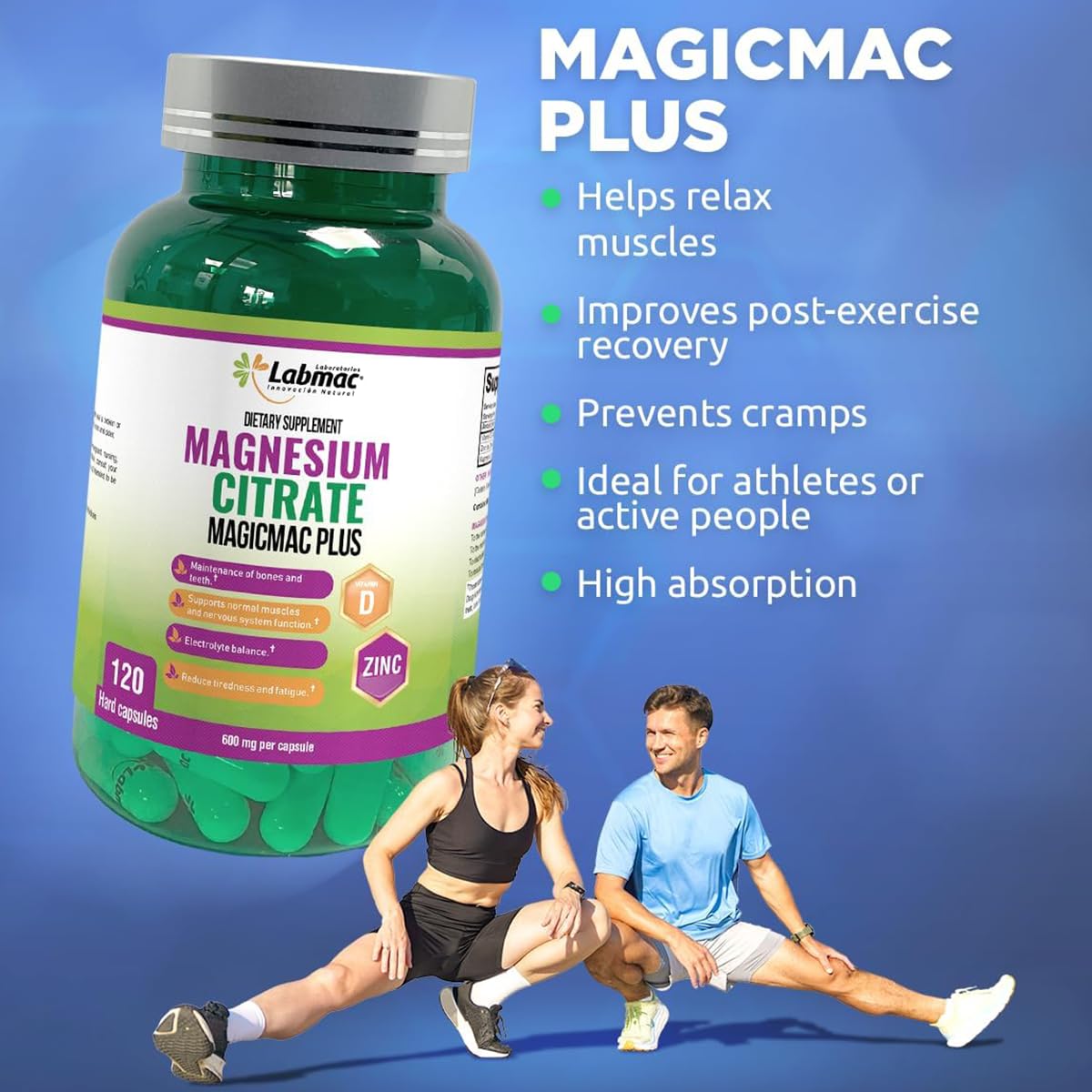 Magicmac Plus Magnesium Citrate 600mg Capsules with Vitamin D3 and Zinc, 120 Count